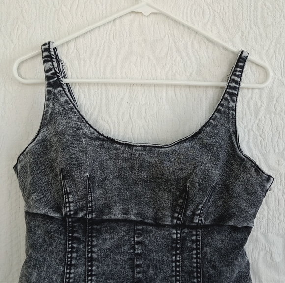 NoBo Black Acid Wash Denim Mini Dress Stretch Bodycon Retro 90s Cutie Fitted Med - Picture 2 of 16